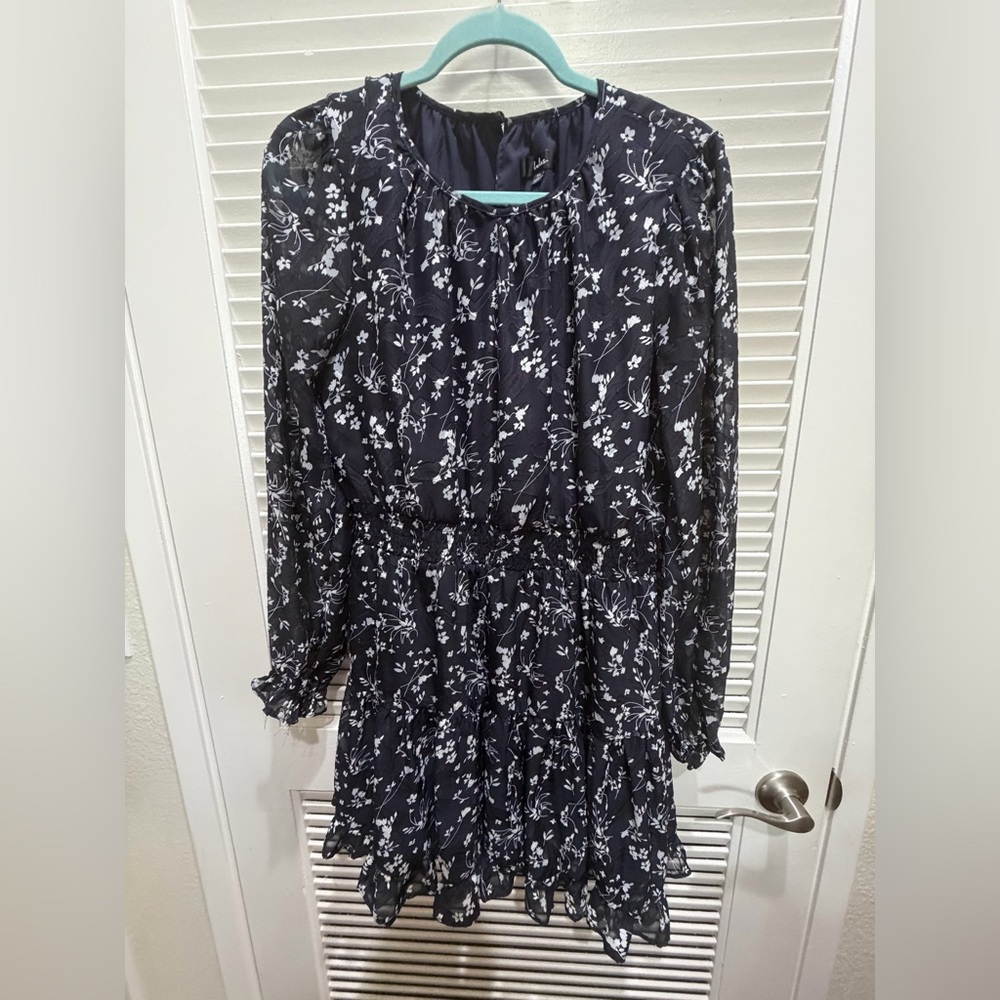 Lulus Too Cute Navy Blue Floral Print Smocked Long Sleeve Mini Dress - Size XL